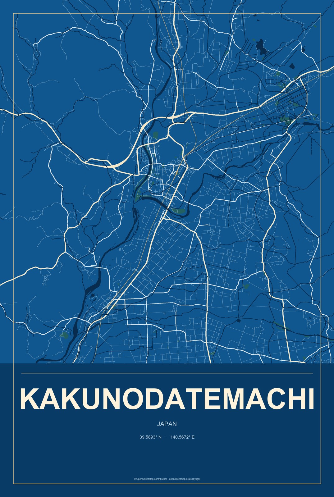 Kakunodatemachi, Japan City Map Aluminum Sign in Harbor Cobalt style