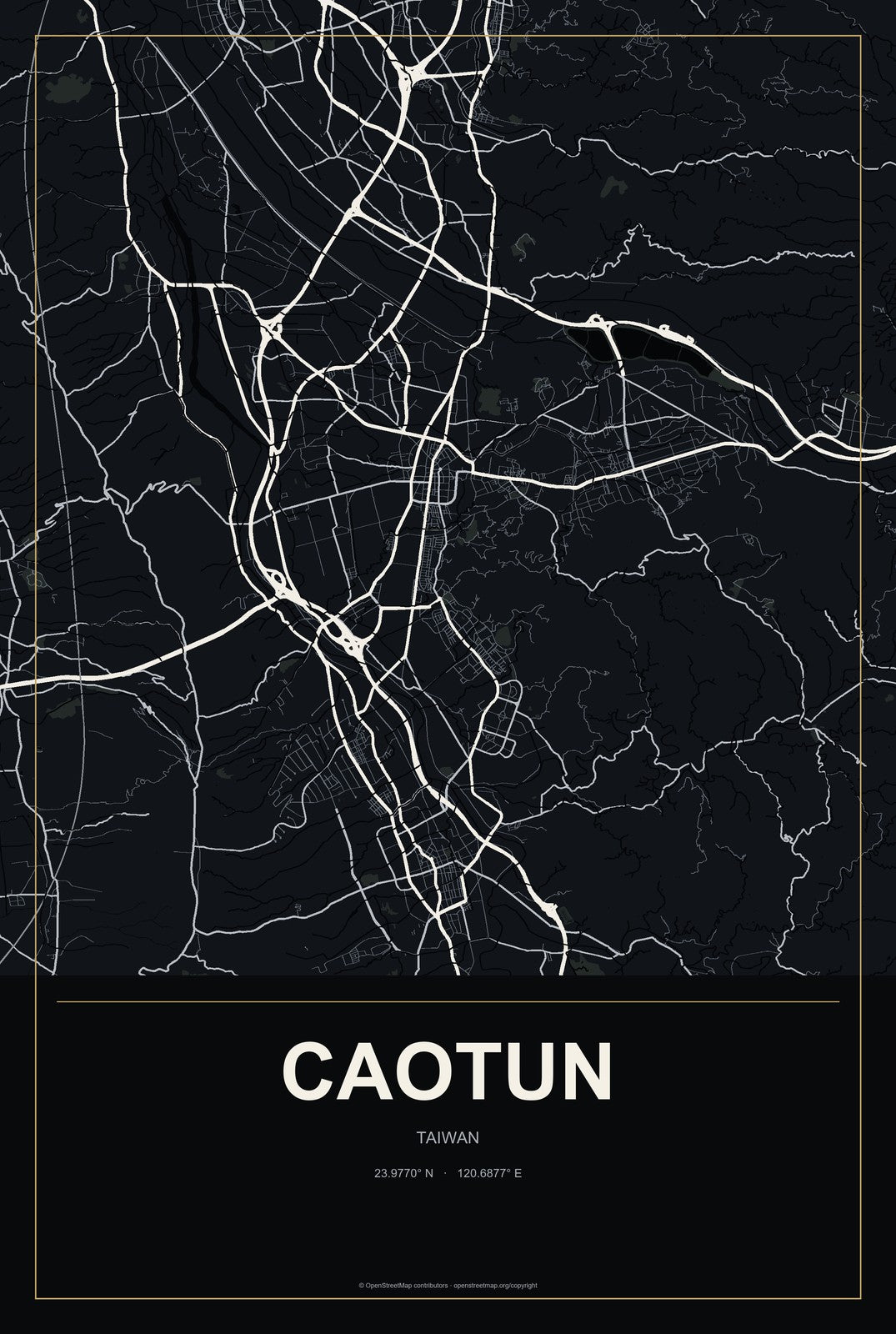 Caotun, Taiwan City Map Aluminum Sign in Metropolitan Noir style