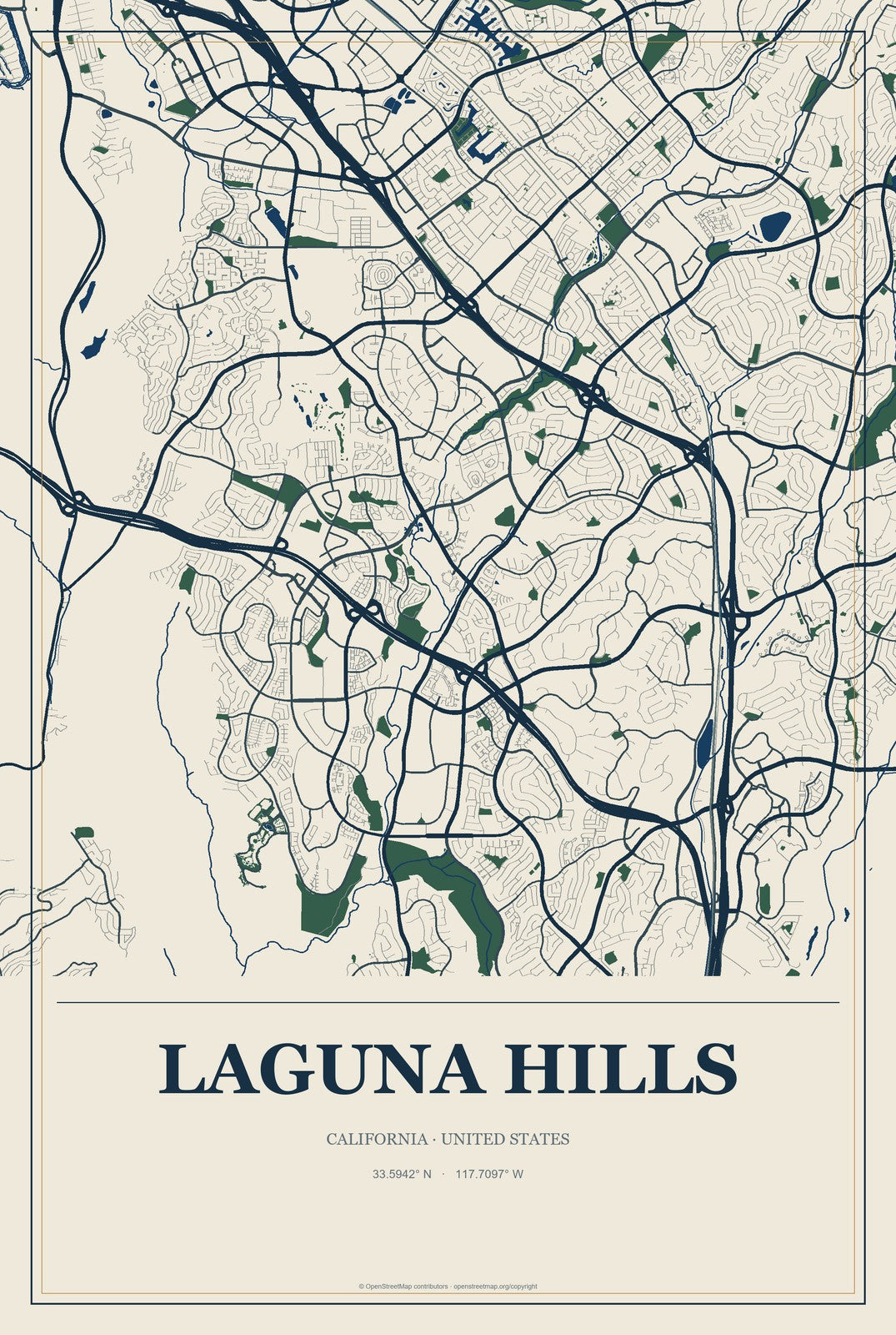 Laguna Hills, California City Map Aluminum Sign in Coastal Cutout style