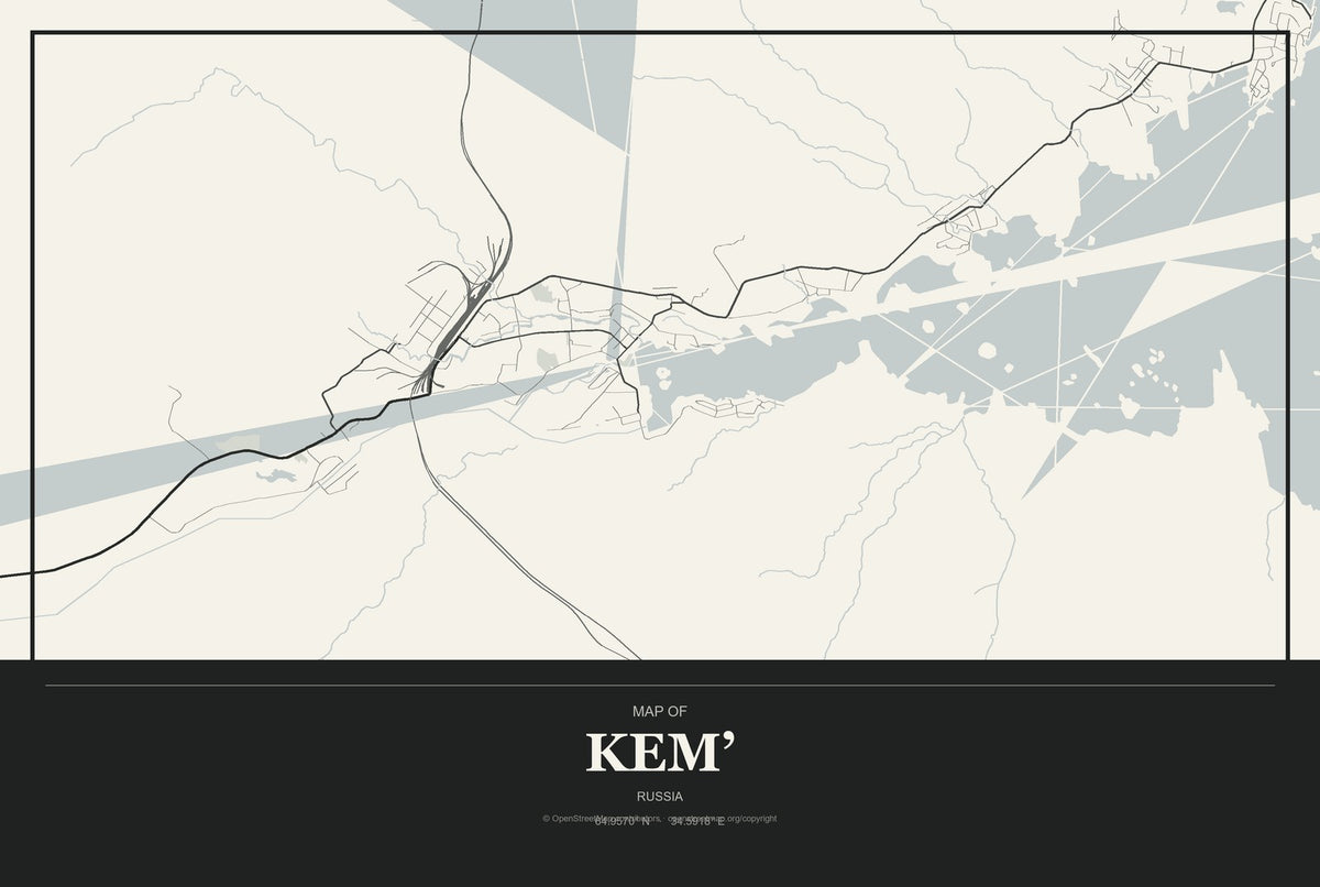 Kem’, Russia City Map Aluminum Sign in Museum Plaque style
