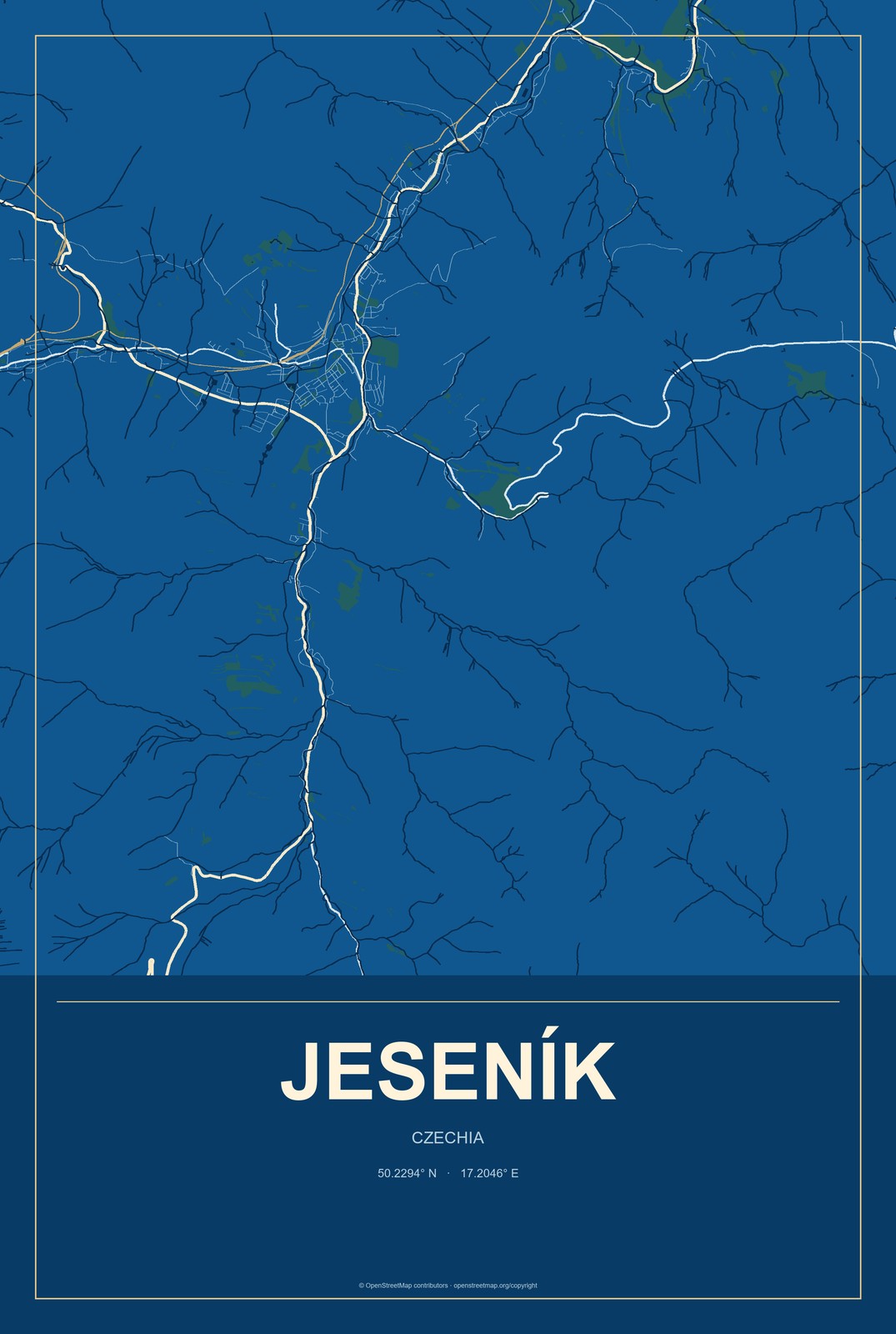 Jeseník, Czechia City Map Aluminum Sign in Harbor Cobalt style