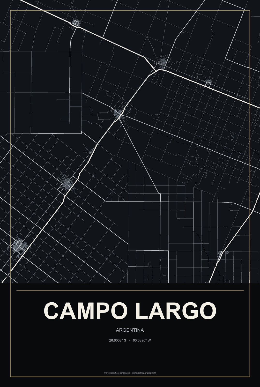 Campo Largo, Argentina City Map Aluminum Sign in Metropolitan Noir style