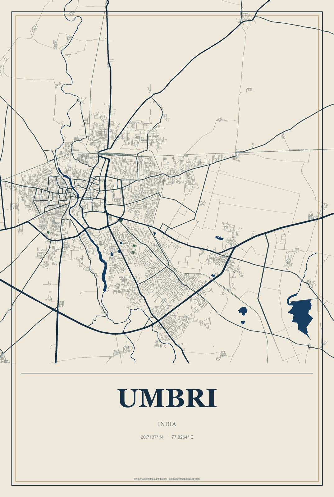 Umbri, India City Map Aluminum Sign in Coastal Cutout style
