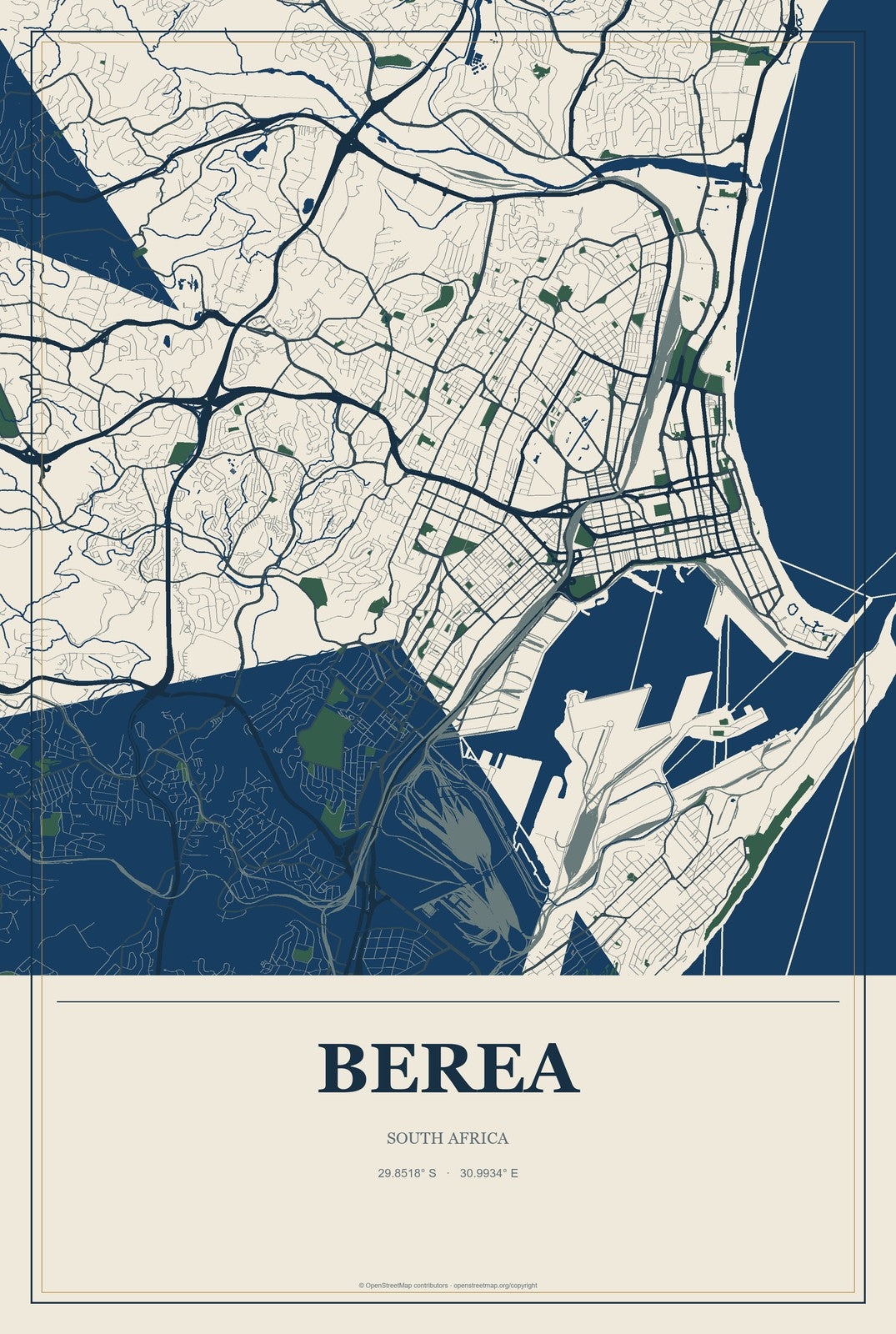 Berea, South Africa City Map Aluminum Sign in Coastal Cutout style