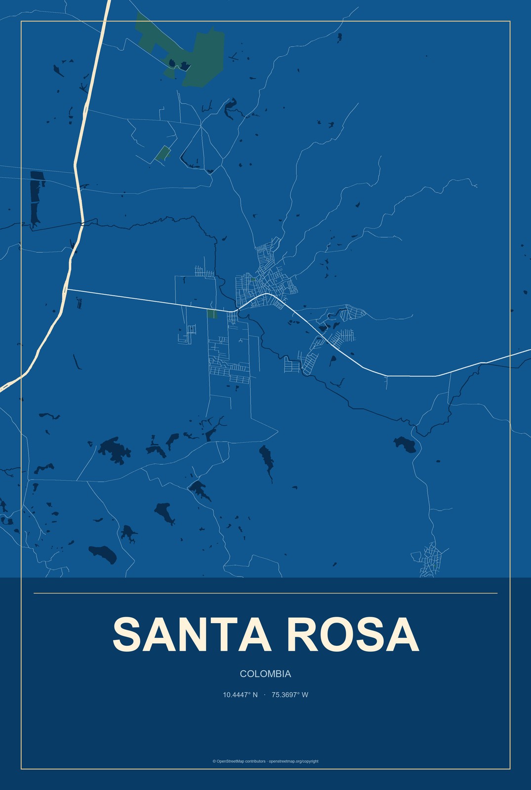 Santa Rosa, Colombia City Map Aluminum Sign in Harbor Cobalt style