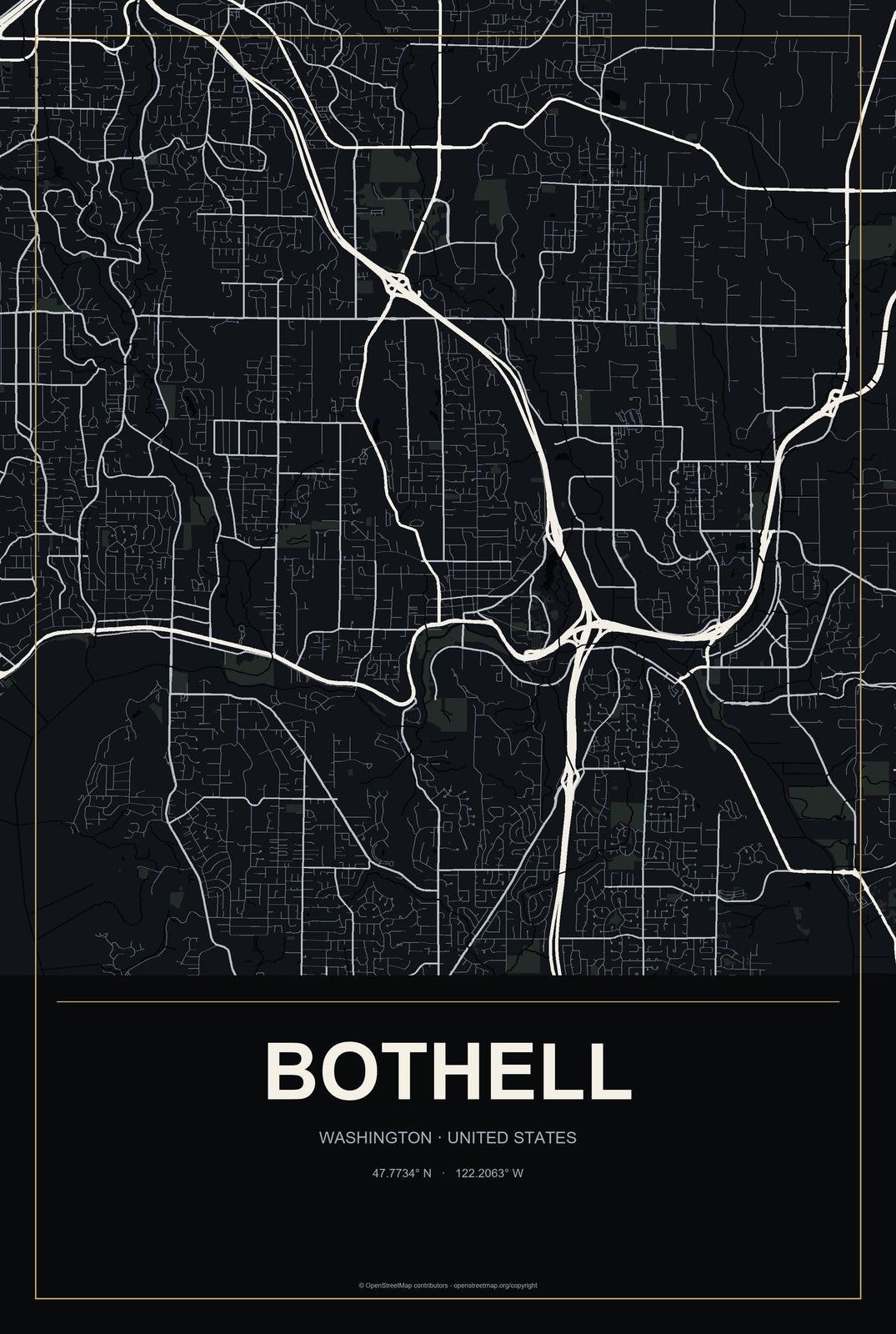 Bothell, Washington City Map Aluminum Sign in Metropolitan Noir style