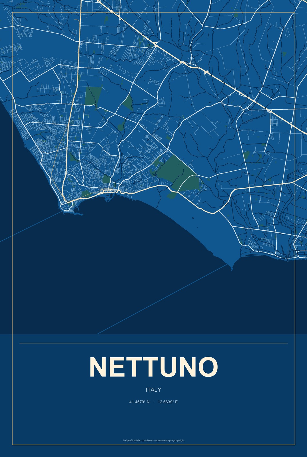 Nettuno, Italy City Map Aluminum Sign in Harbor Cobalt style