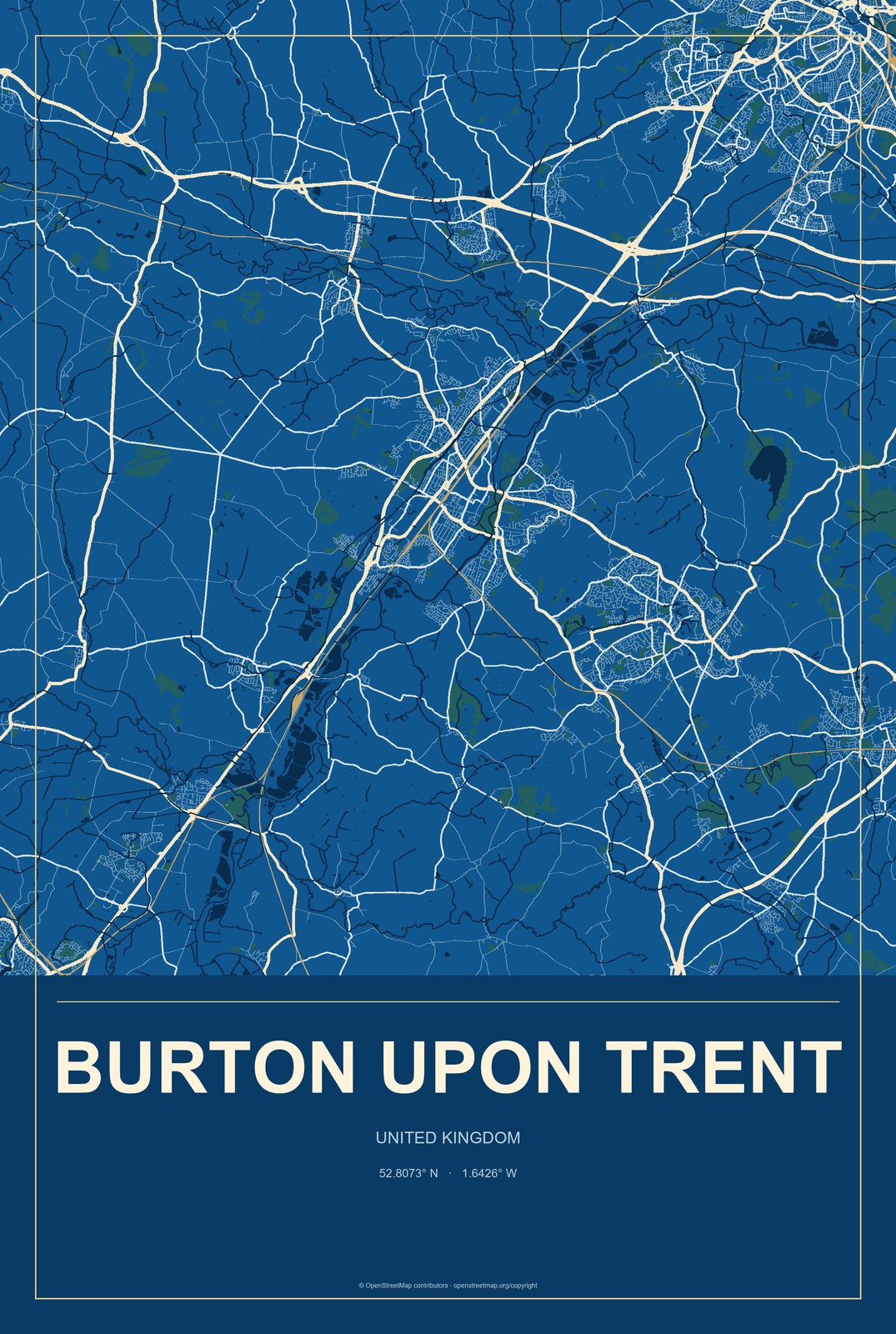 Burton upon Trent, United Kingdom City Map Aluminum Sign in Harbor Cobalt style