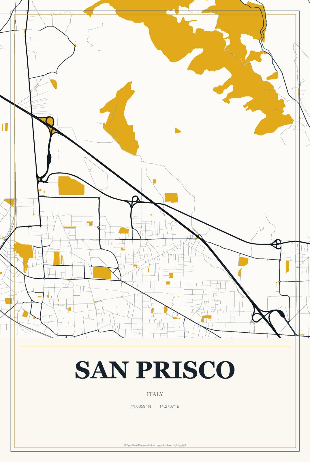 San Prisco, Italy City Map Aluminum Sign in Citrine Modern style