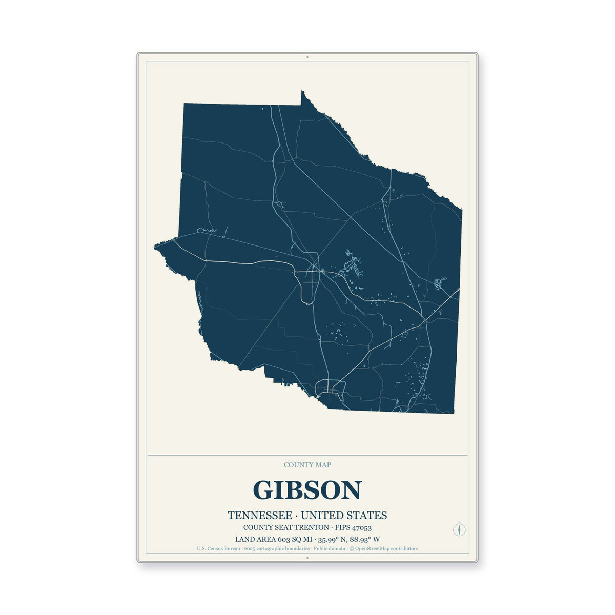Gibson County, Tennessee Map Aluminum Sign in Coastal Cutout style