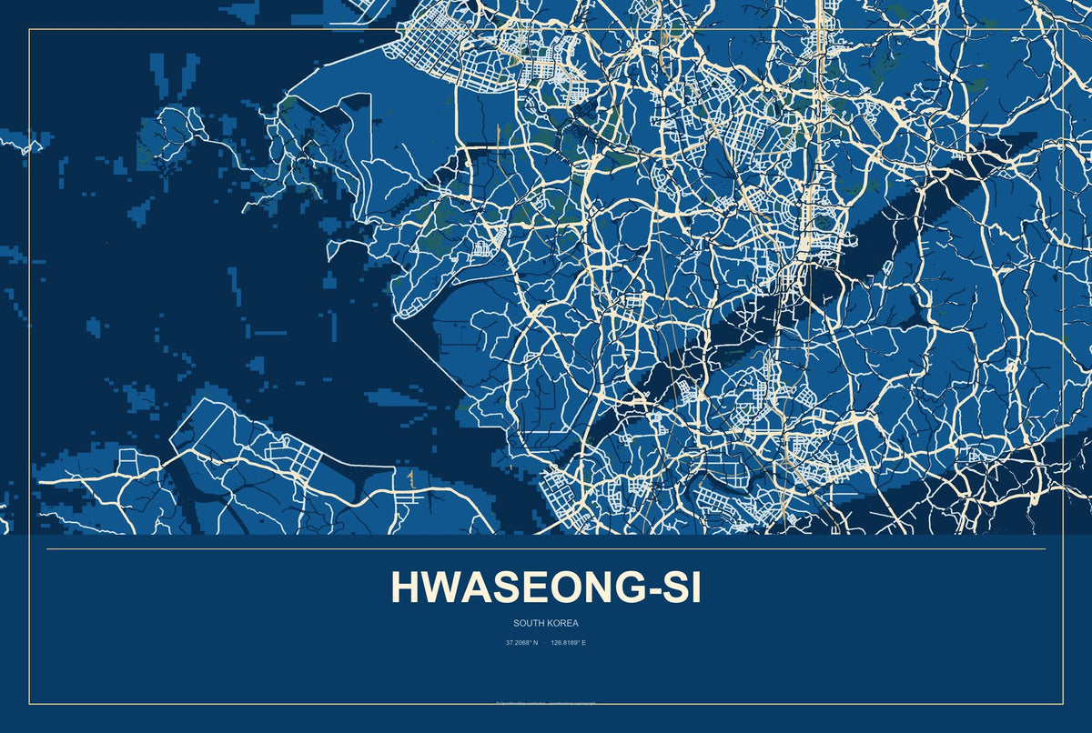 Hwaseong-si, South Korea City Map Aluminum Sign in Harbor Cobalt style