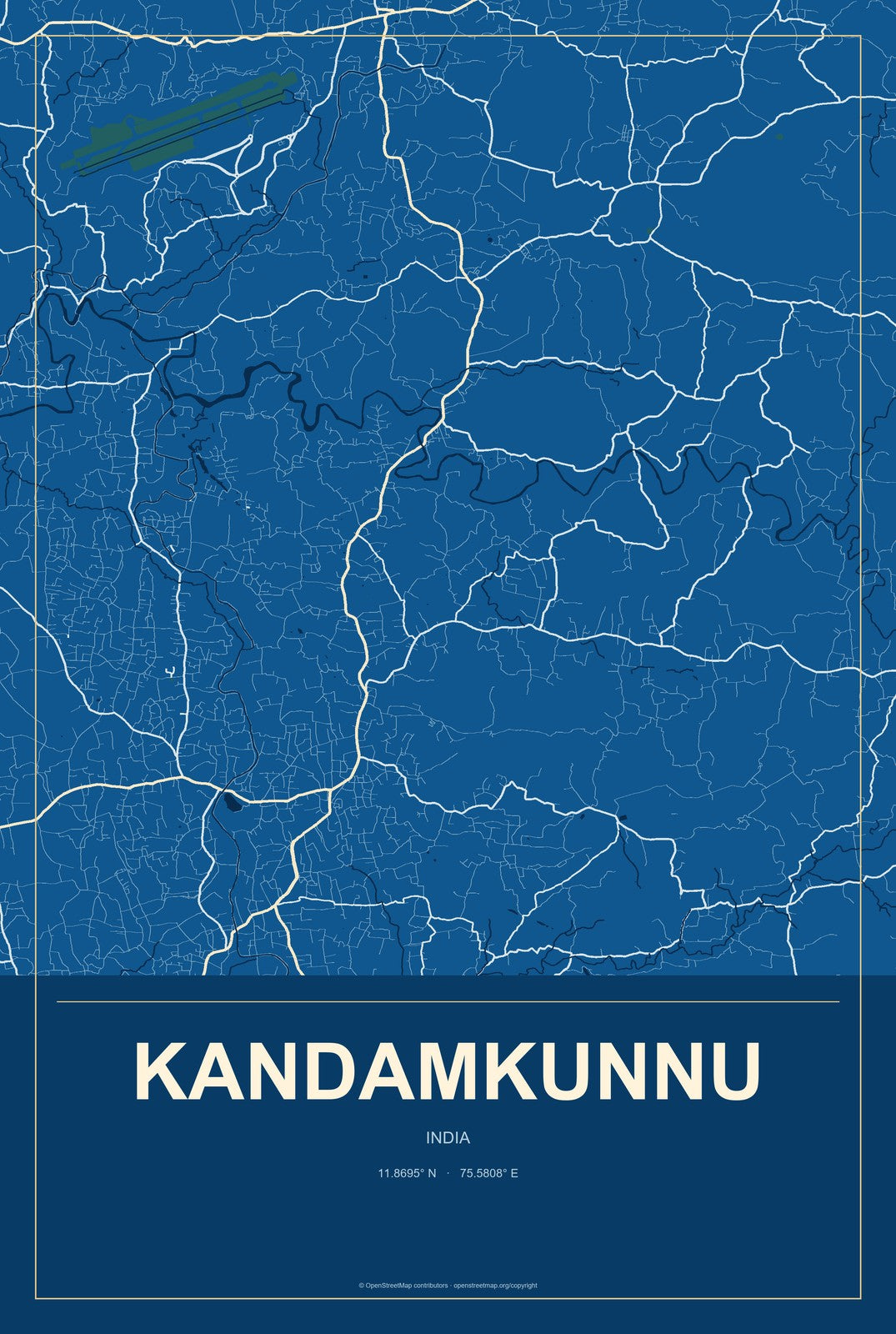 Kandamkunnu, India City Map Aluminum Sign in Harbor Cobalt style