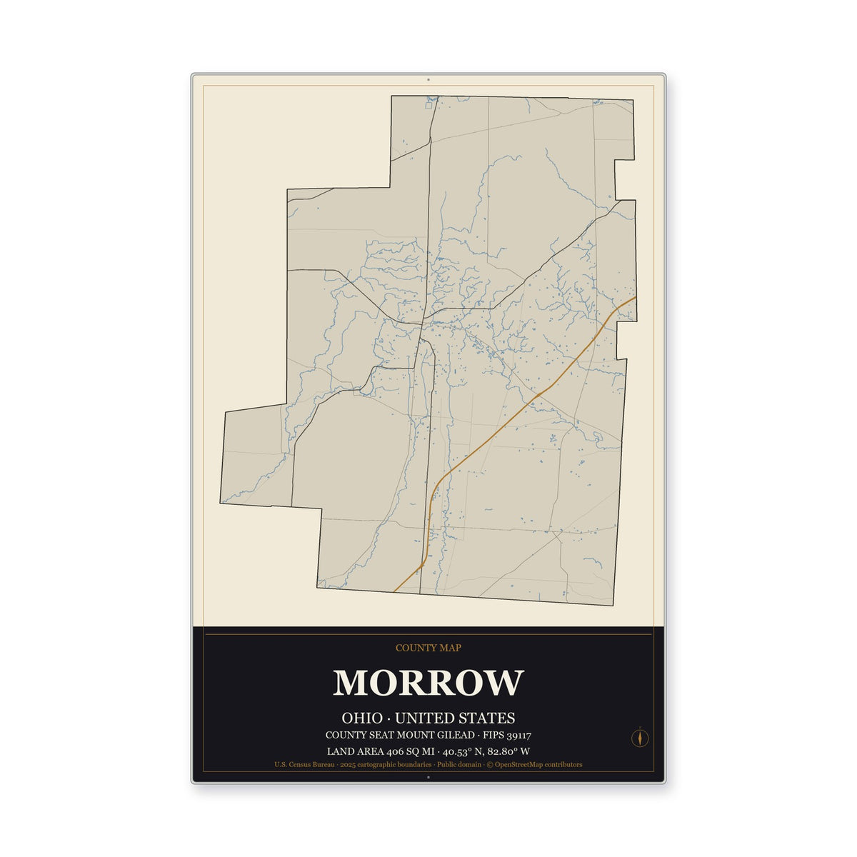 Morrow County, Ohio Map Aluminum Sign in Museum Plaque style