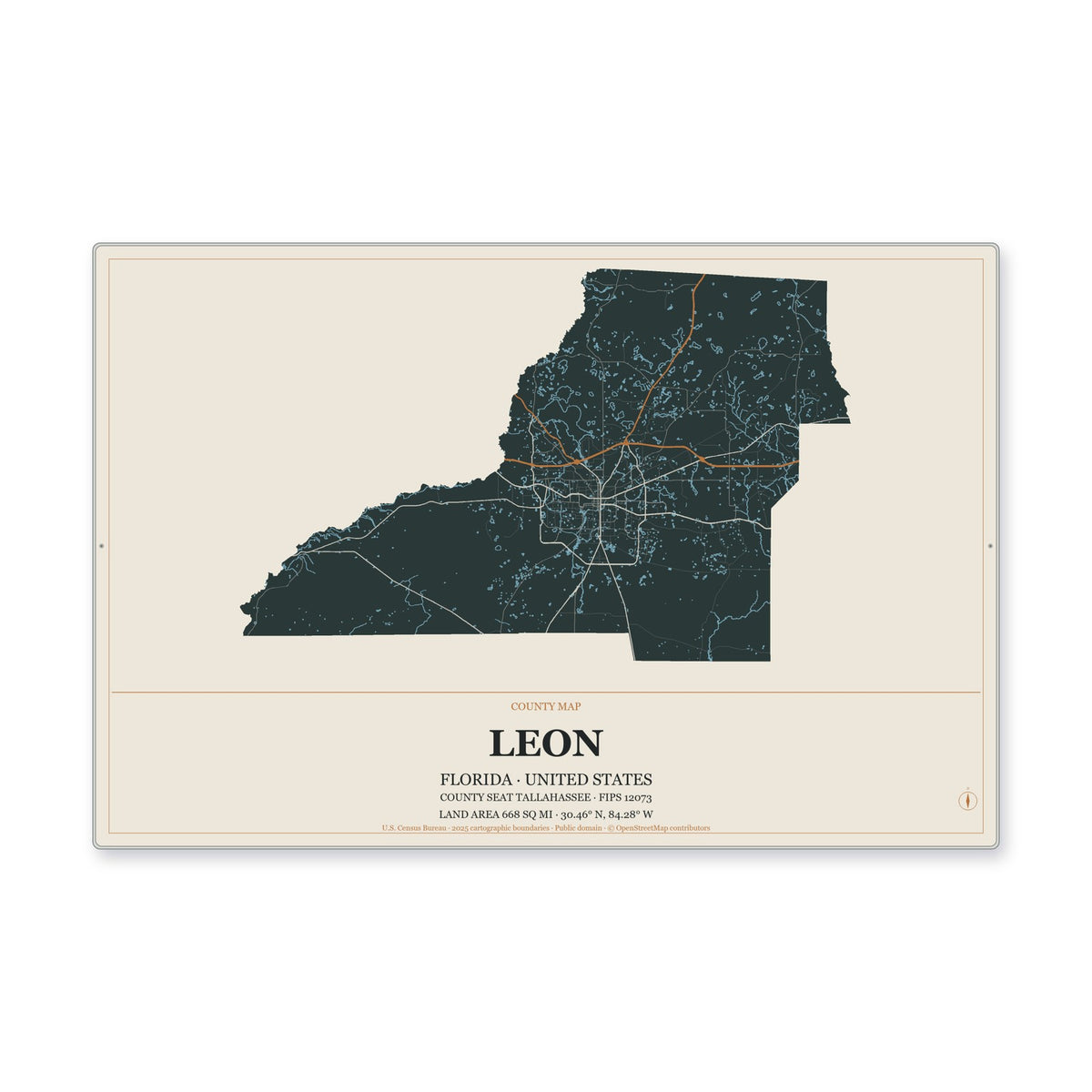 Leon County, Florida Map Aluminum Sign in Headline Atlas style