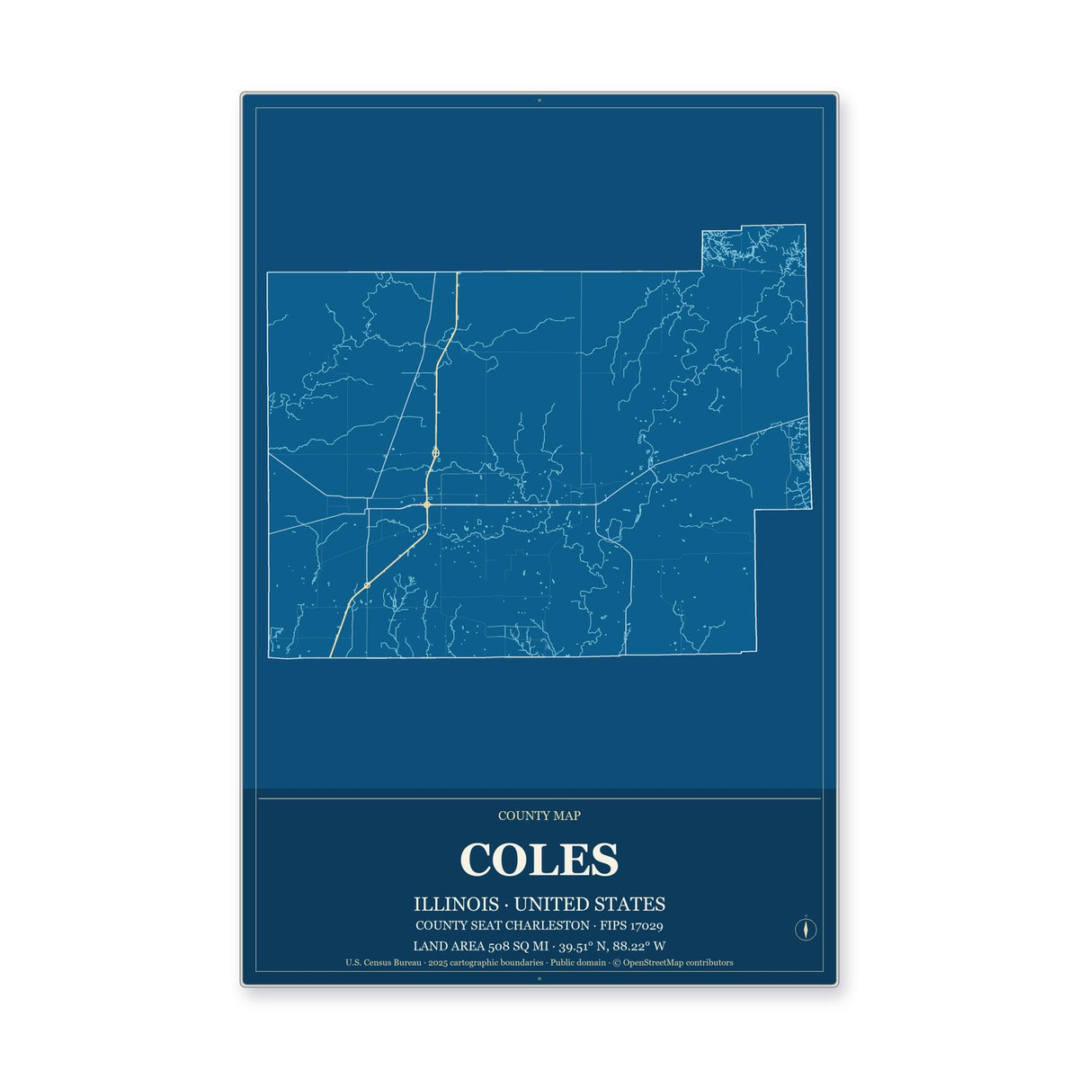 Coles County, Illinois Map Aluminum Sign in Harbor Cobalt style
