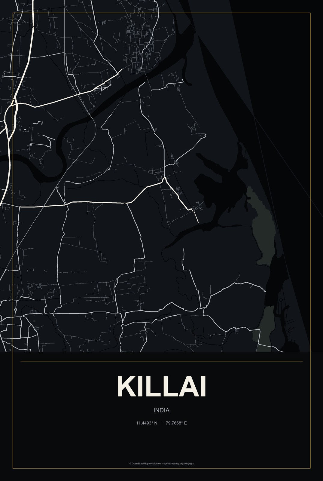 Killai, India City Map Aluminum Sign in Metropolitan Noir style