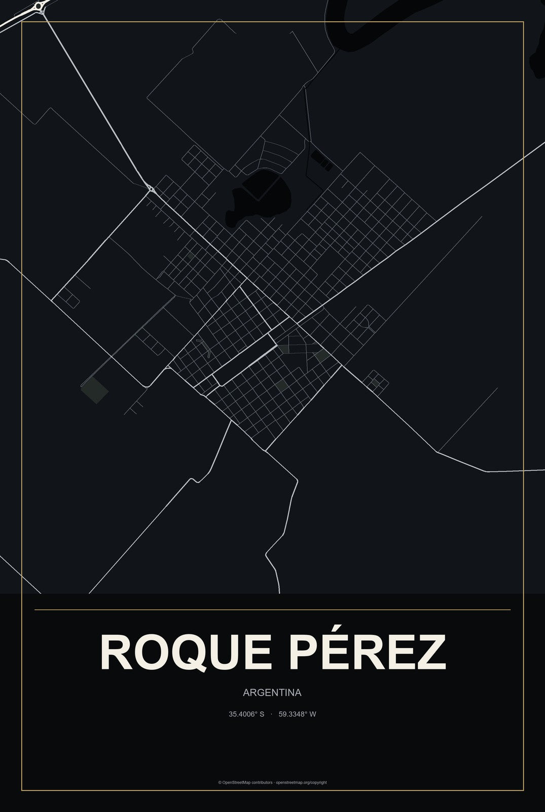 Roque Pérez, Argentina City Map Aluminum Sign in Metropolitan Noir style