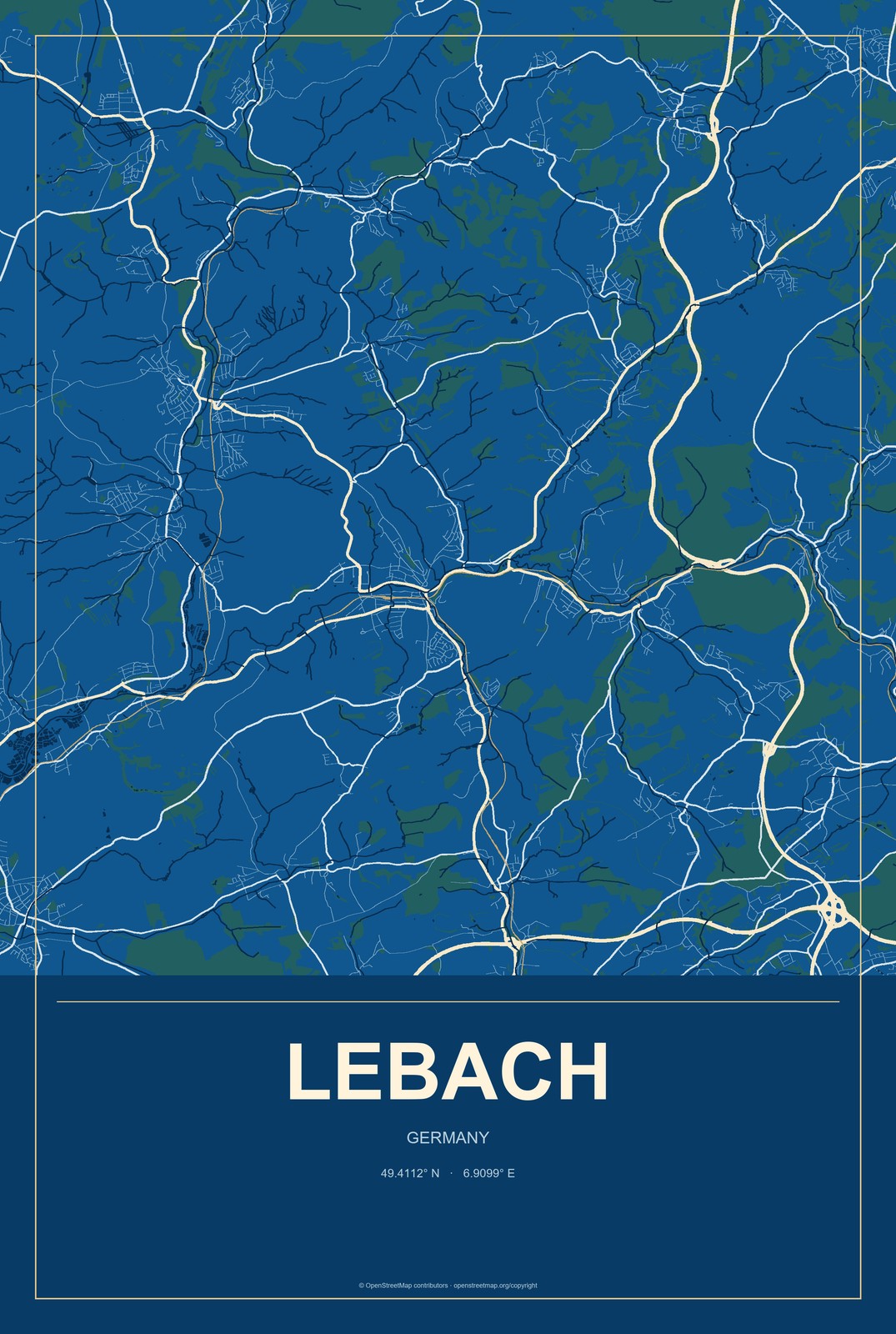 Lebach, Germany City Map Aluminum Sign in Harbor Cobalt style