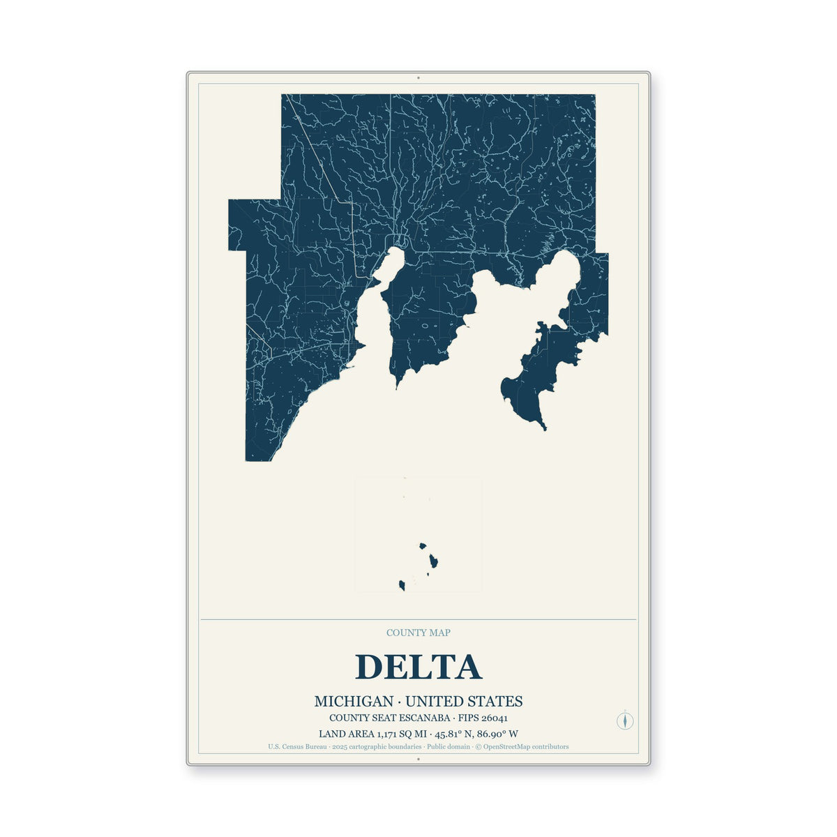 Delta County, Michigan Map Aluminum Sign in Coastal Cutout style