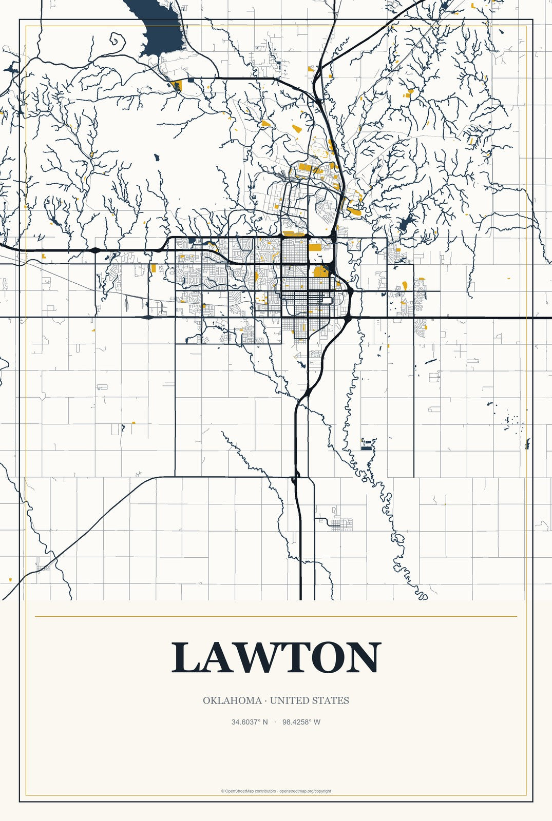 Lawton, Oklahoma City Map Aluminum Sign in Citrine Modern style