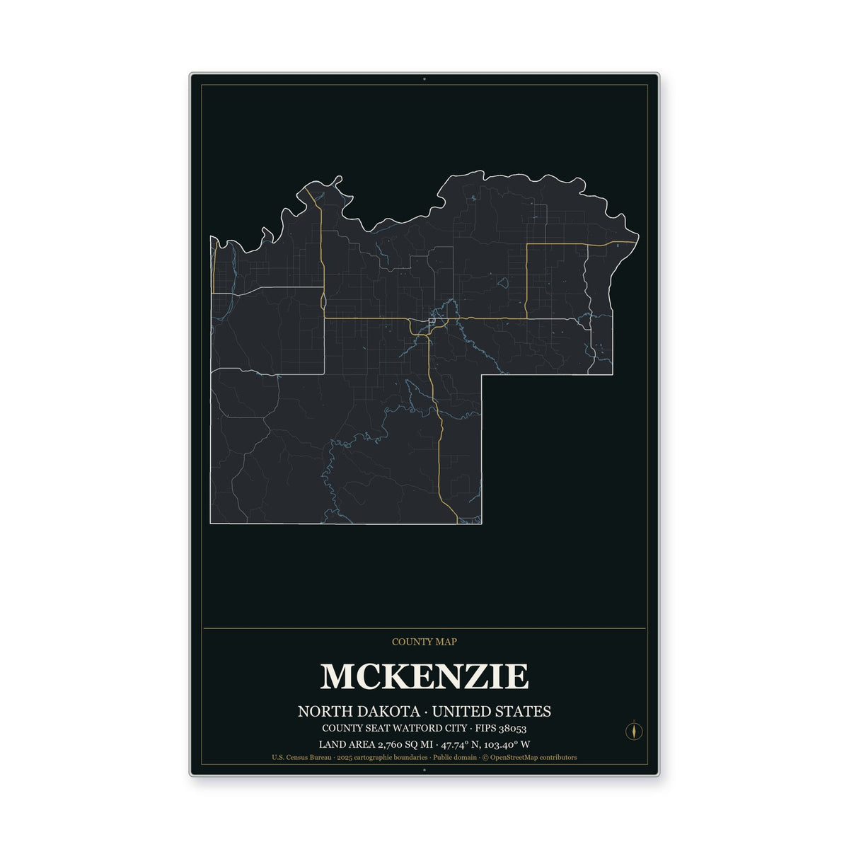 McKenzie County, North Dakota Map Aluminum Sign in Metropolitan Noir style