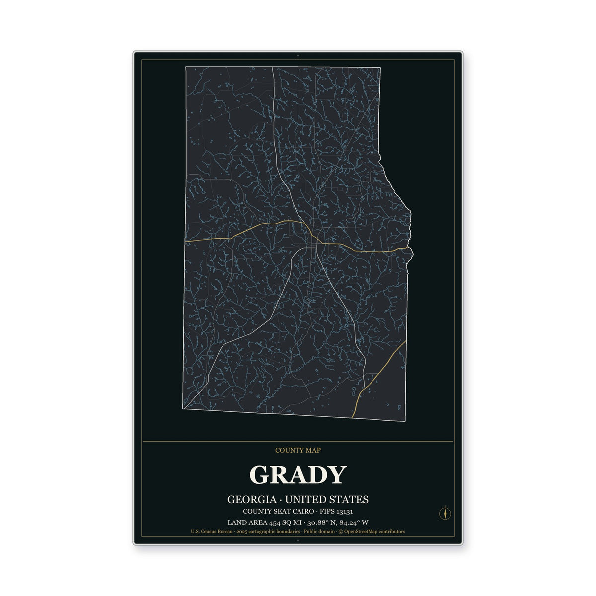 Grady County, Georgia Map Aluminum Sign in Metropolitan Noir style