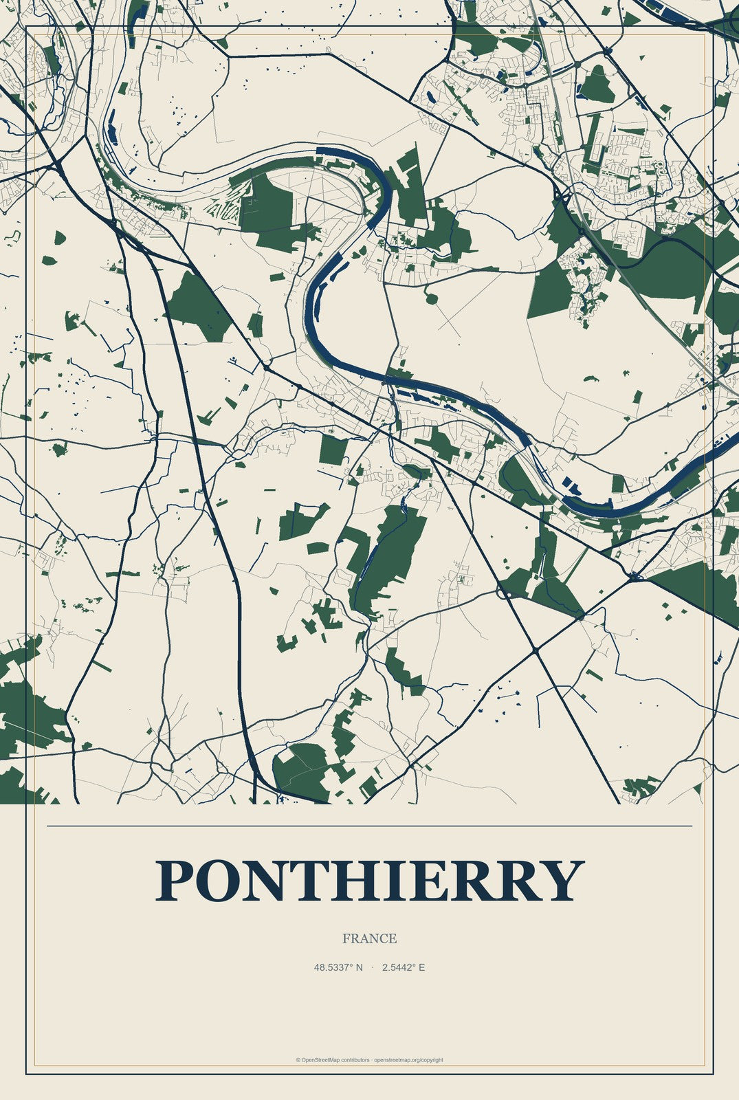 Ponthierry, France City Map Aluminum Sign in Coastal Cutout style
