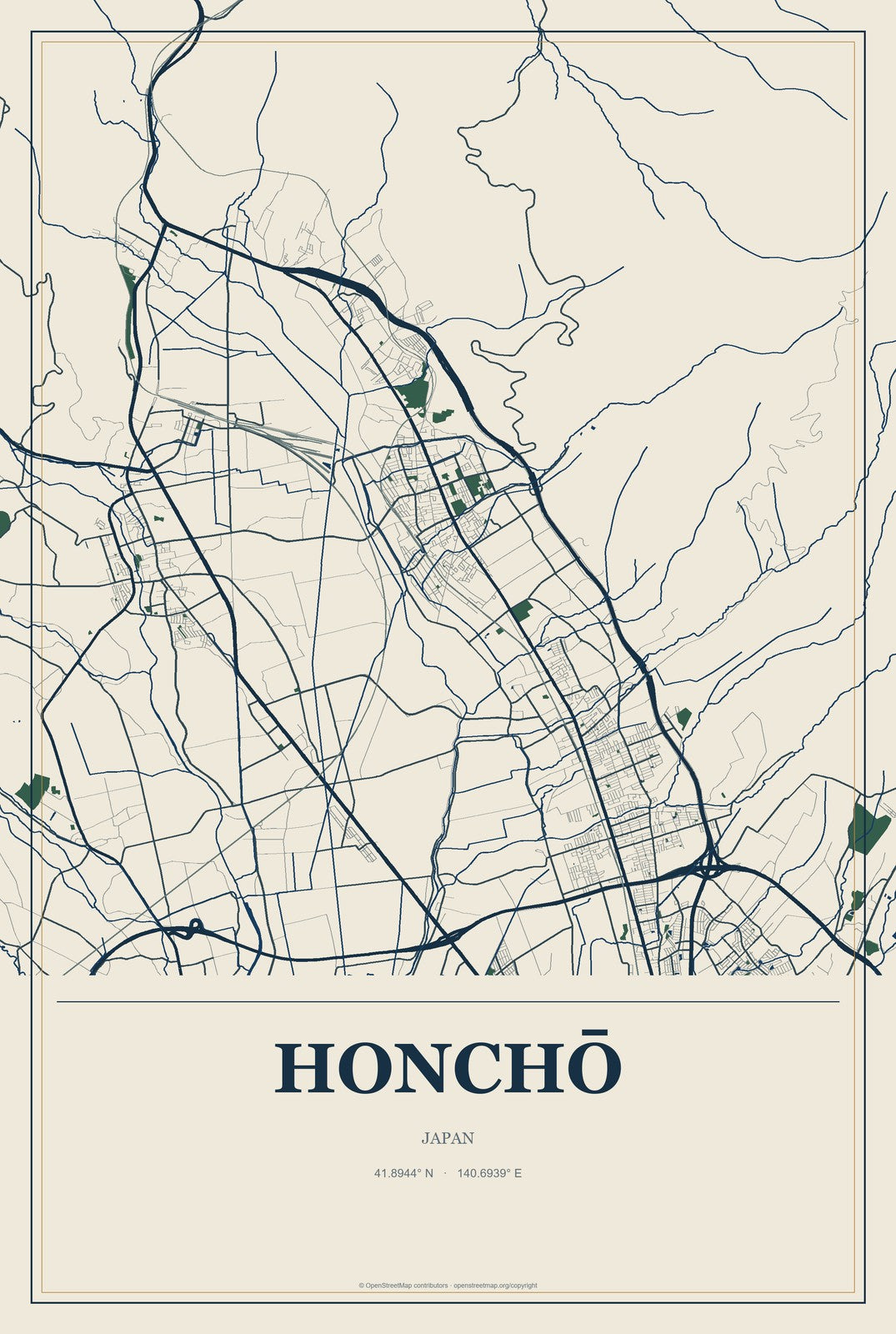Honchō, Japan City Map Aluminum Sign in Coastal Cutout style