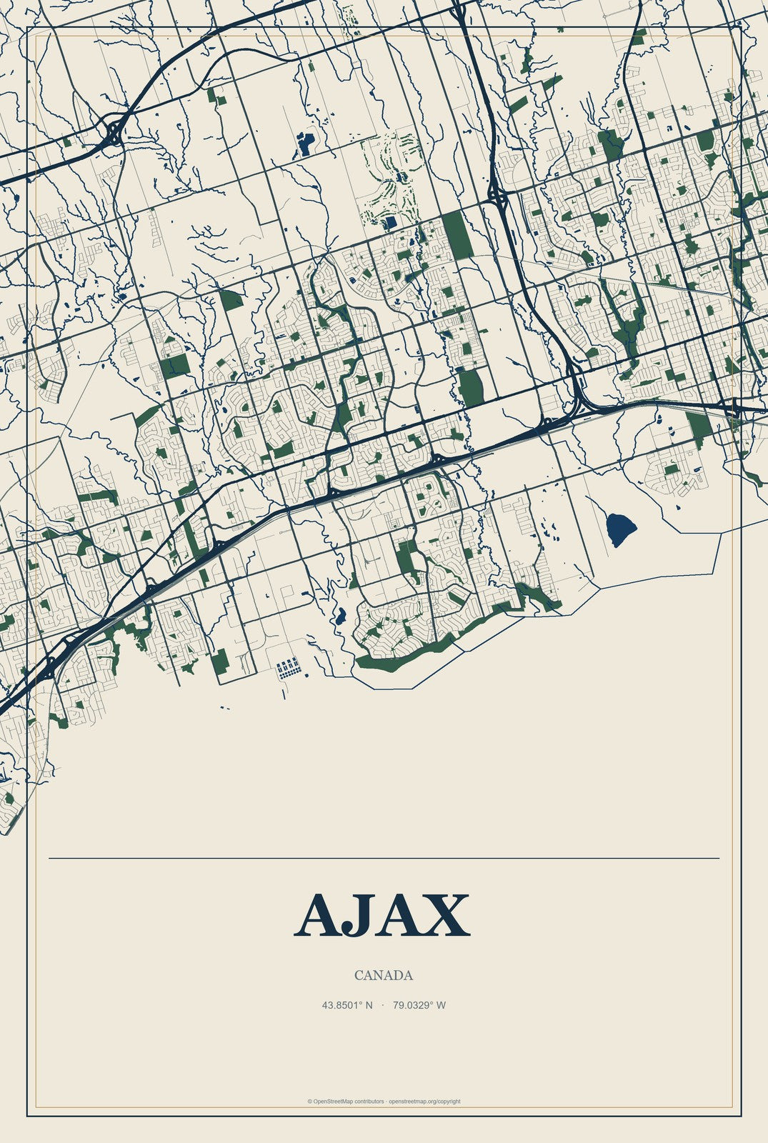 Ajax, Canada City Map Aluminum Sign in Coastal Cutout style