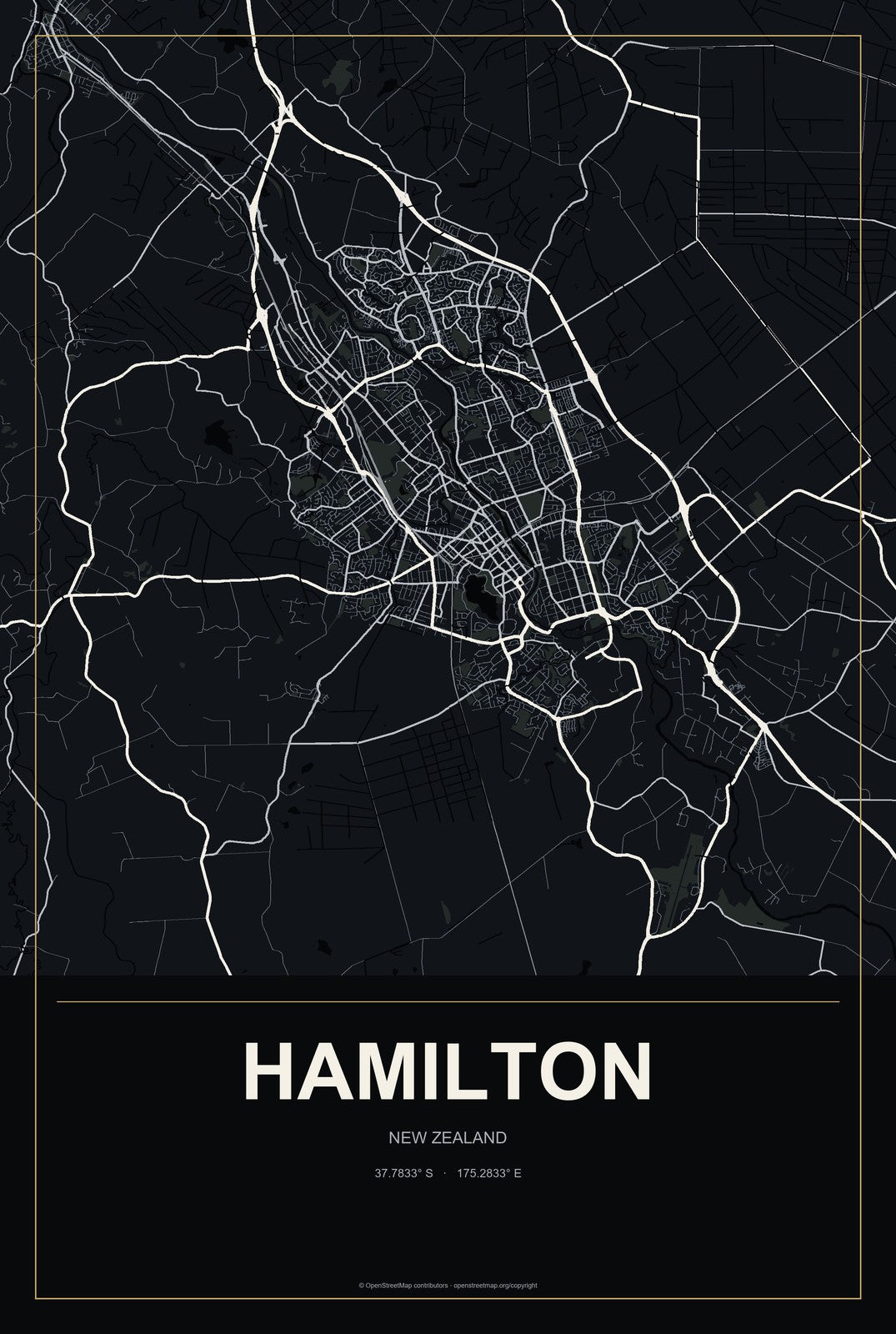 Hamilton, New Zealand City Map Aluminum Sign in Metropolitan Noir style
