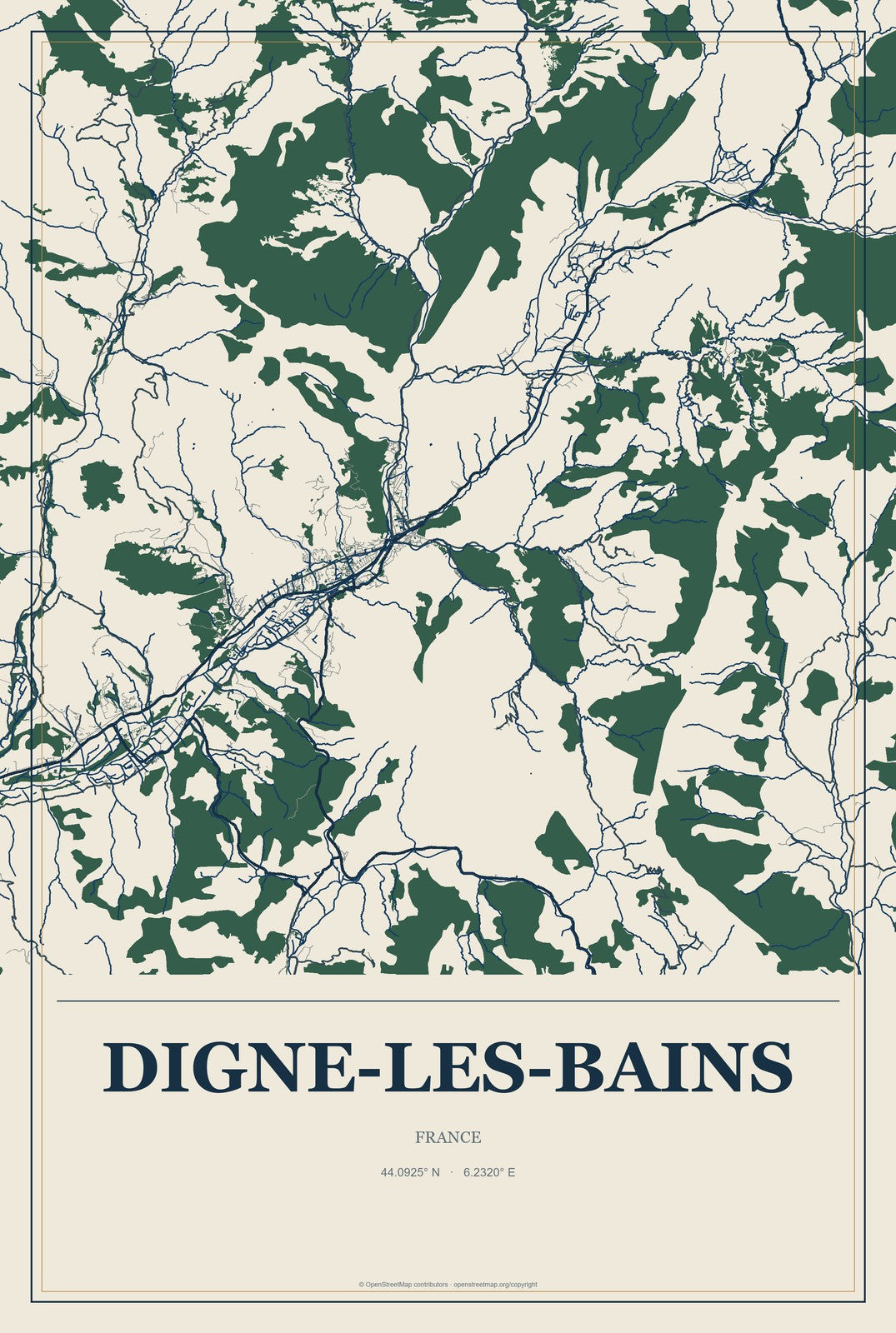 Digne-les-Bains, France City Map Aluminum Sign in Coastal Cutout style