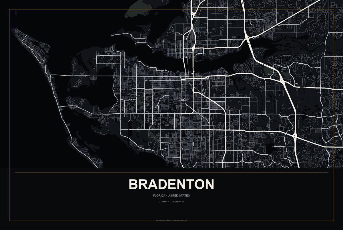 Bradenton, Florida City Map Aluminum Sign in Metropolitan Noir style