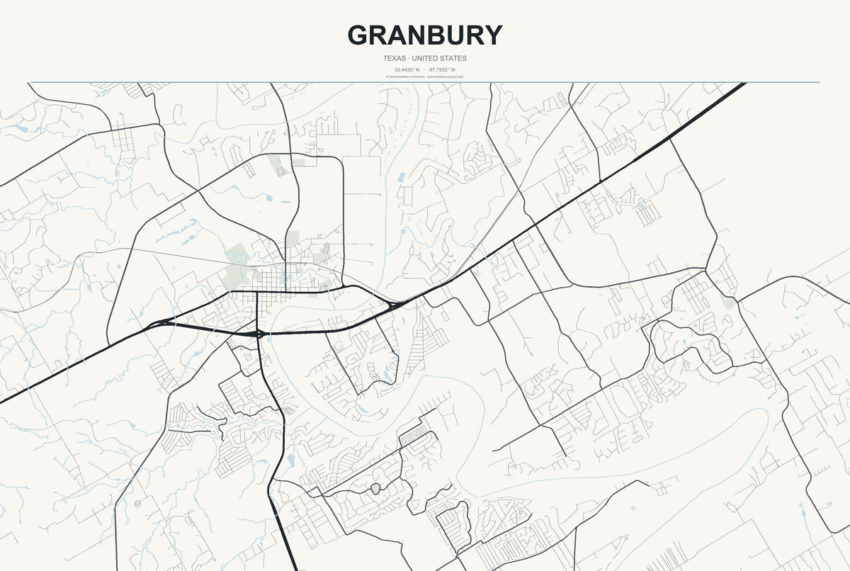 Granbury, Texas City Map Aluminum Sign in Headline Atlas style