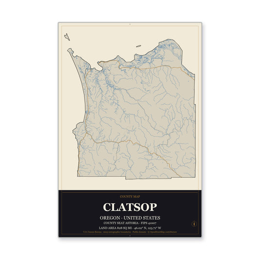 Clatsop County, Oregon Map Aluminum Sign in Museum Plaque style
