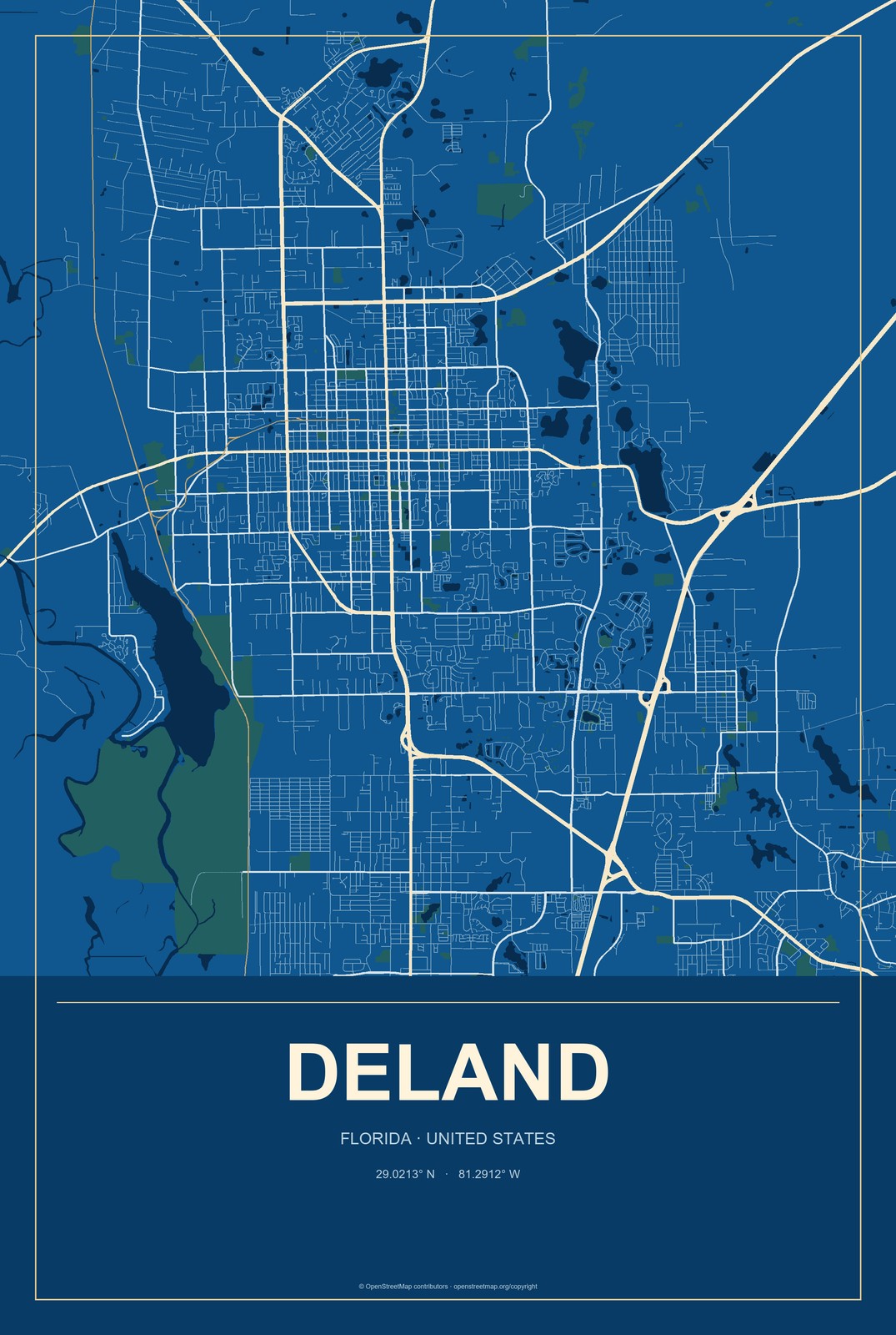 DeLand, Florida City Map Aluminum Sign in Harbor Cobalt style