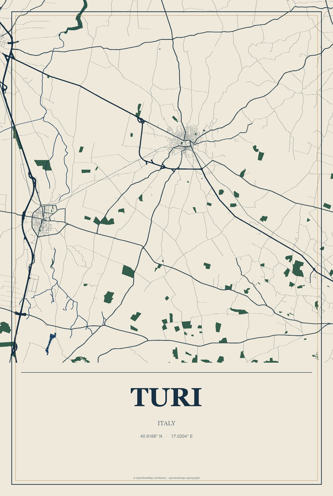 Turi, Italy City Map Aluminum Sign in Coastal Cutout style