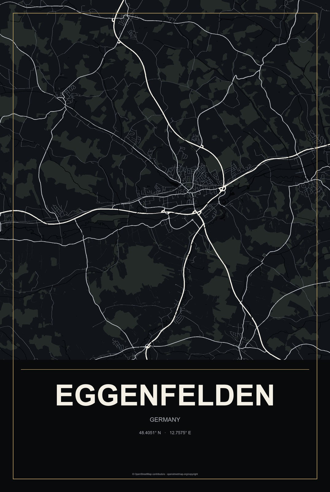 Eggenfelden, Germany City Map Aluminum Sign in Metropolitan Noir style