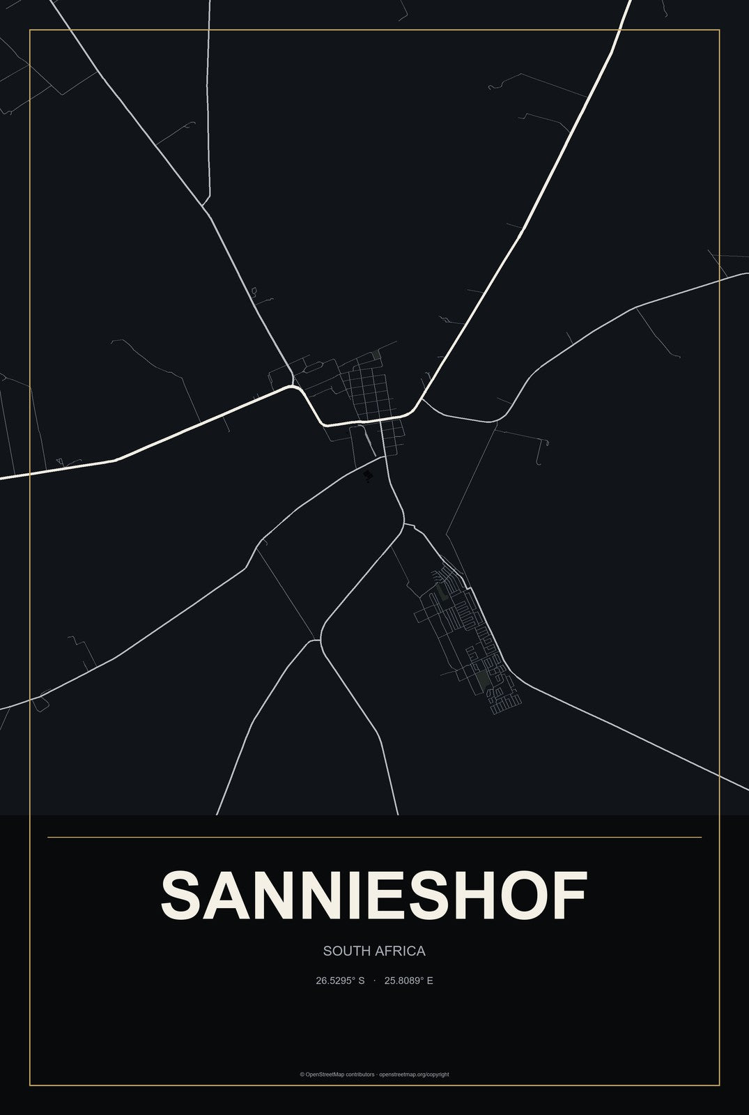 Sannieshof, South Africa City Map Aluminum Sign in Metropolitan Noir style