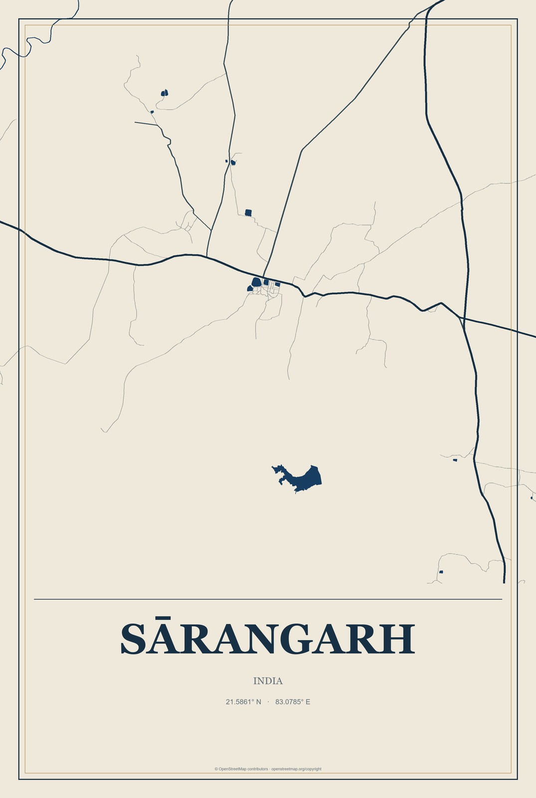 Sārangarh, India City Map Aluminum Sign in Coastal Cutout style