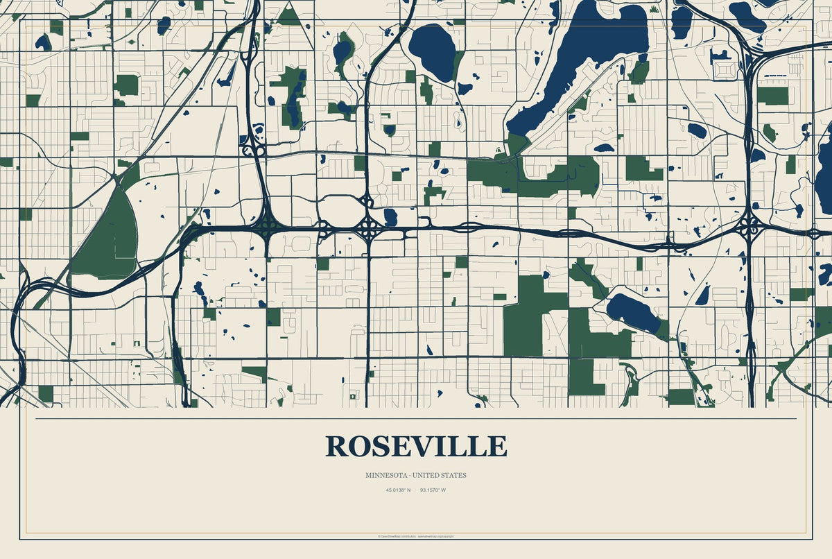 Roseville, Minnesota City Map Aluminum Sign in Coastal Cutout style