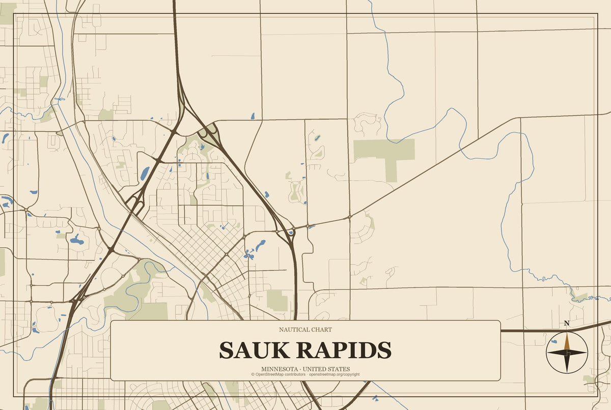 Sauk Rapids, Minnesota City Map Aluminum Sign in Heritage Nautical style