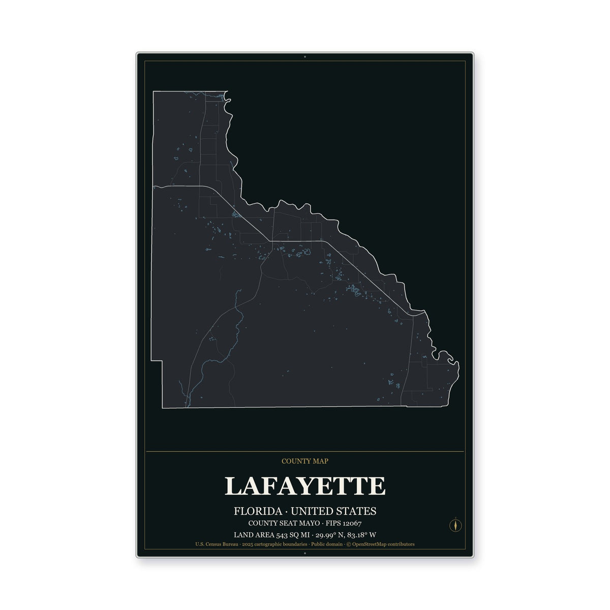 Lafayette County, Florida Map Aluminum Sign in Metropolitan Noir style