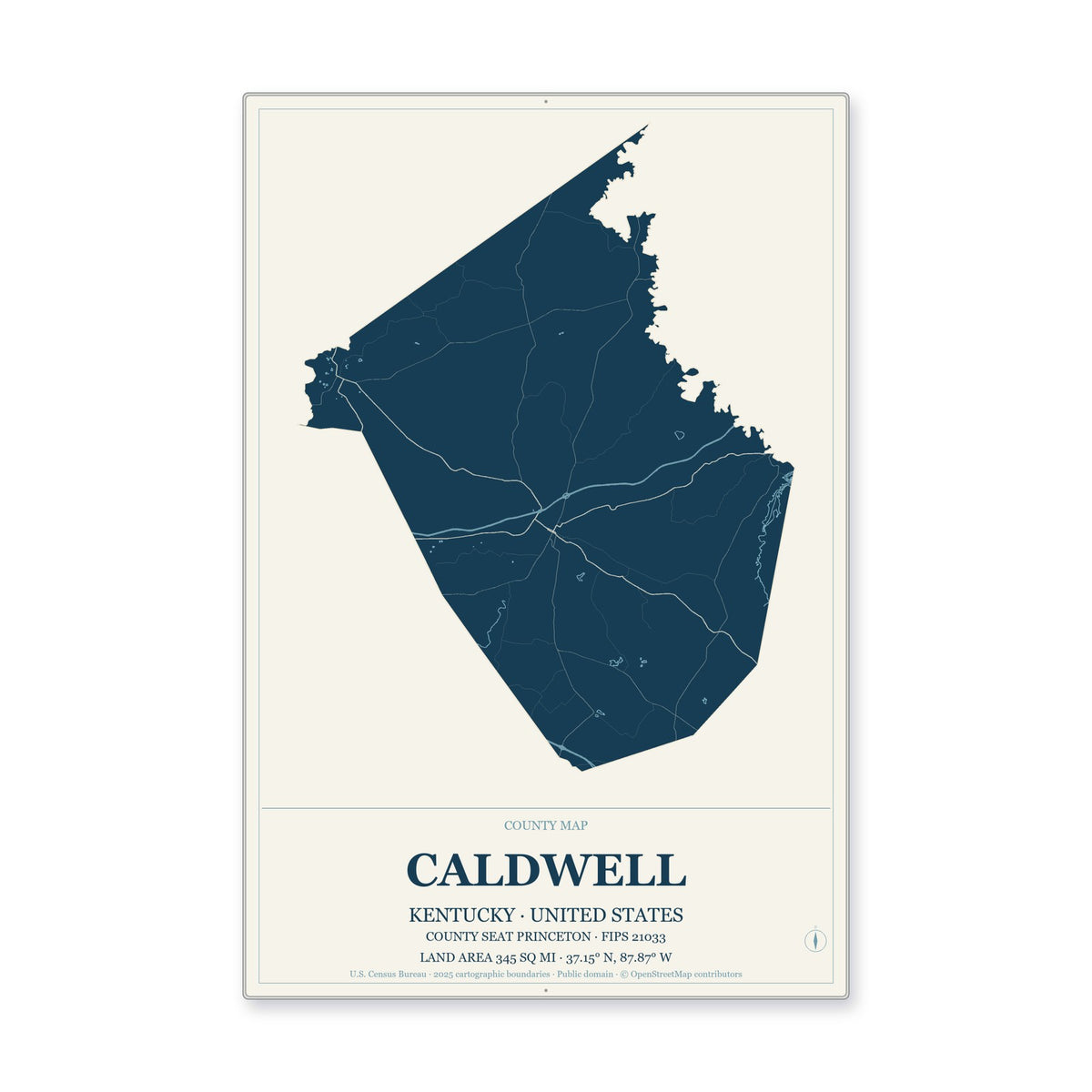 Caldwell County, Kentucky Map Aluminum Sign in Coastal Cutout style