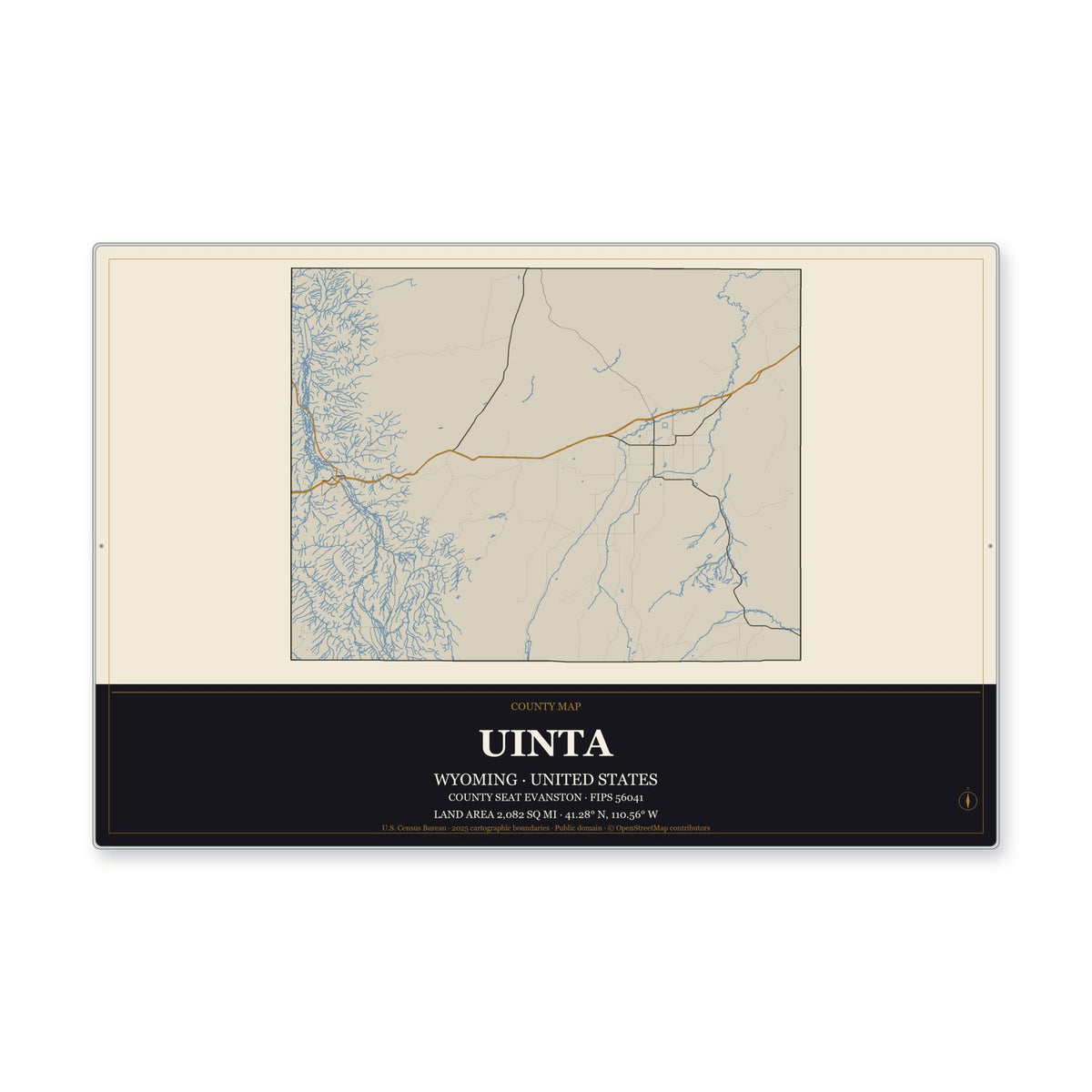 Uinta County, Wyoming Map Aluminum Sign in Museum Plaque style