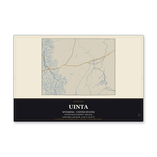 Uinta County, Wyoming Map Aluminum Sign in Museum Plaque style
