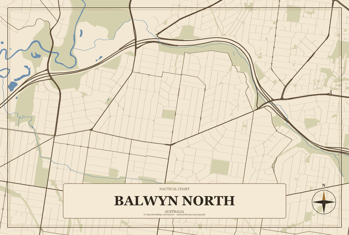 Balwyn North, Australia City Map Aluminum Sign in Heritage Nautical style