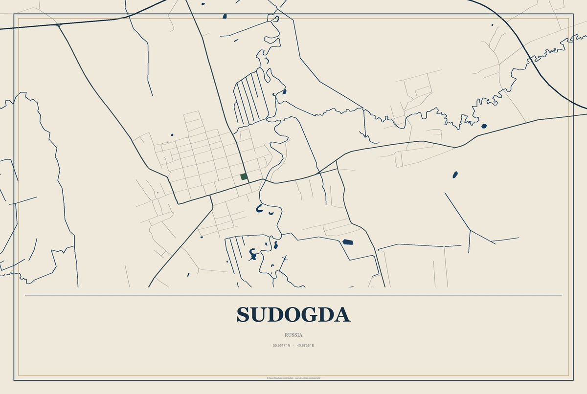 Sudogda, Russia City Map Aluminum Sign in Coastal Cutout style