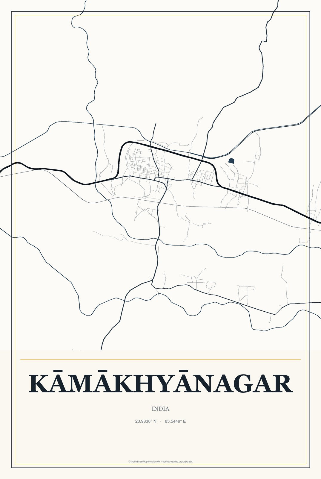 Kāmākhyānagar, India City Map Aluminum Sign in Citrine Modern style