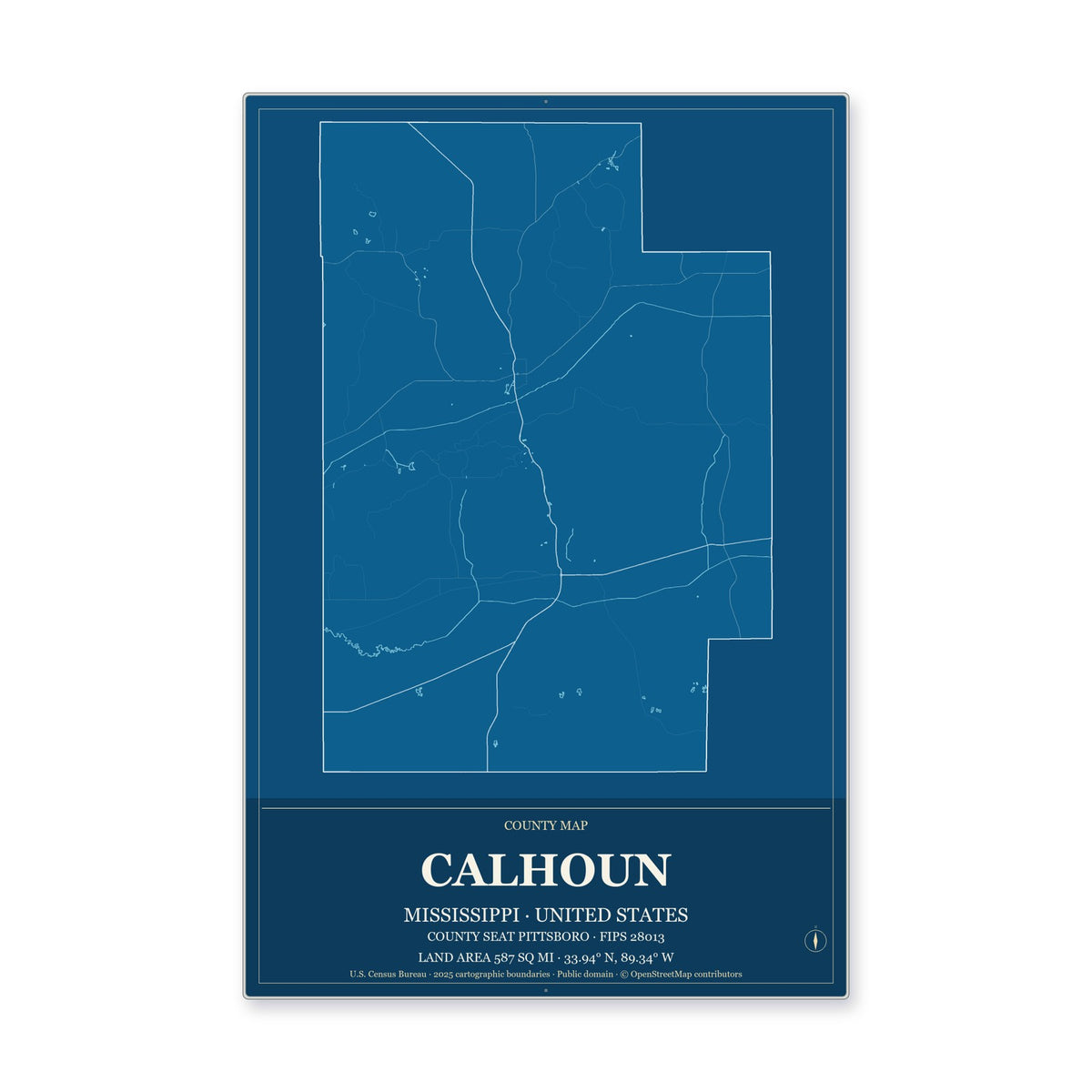 Calhoun County, Mississippi Map Aluminum Sign in Harbor Cobalt style