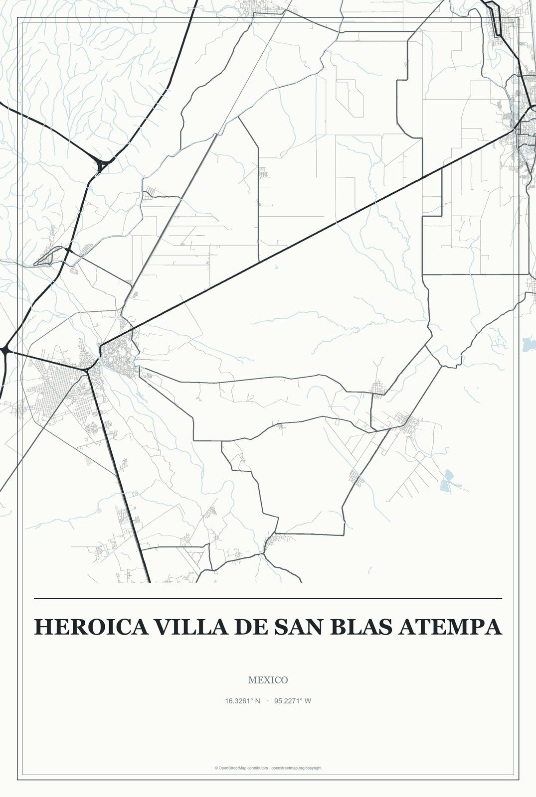 Heroica Villa de San Blas Atempa, Mexico City Map Aluminum Sign in Gallery Air style